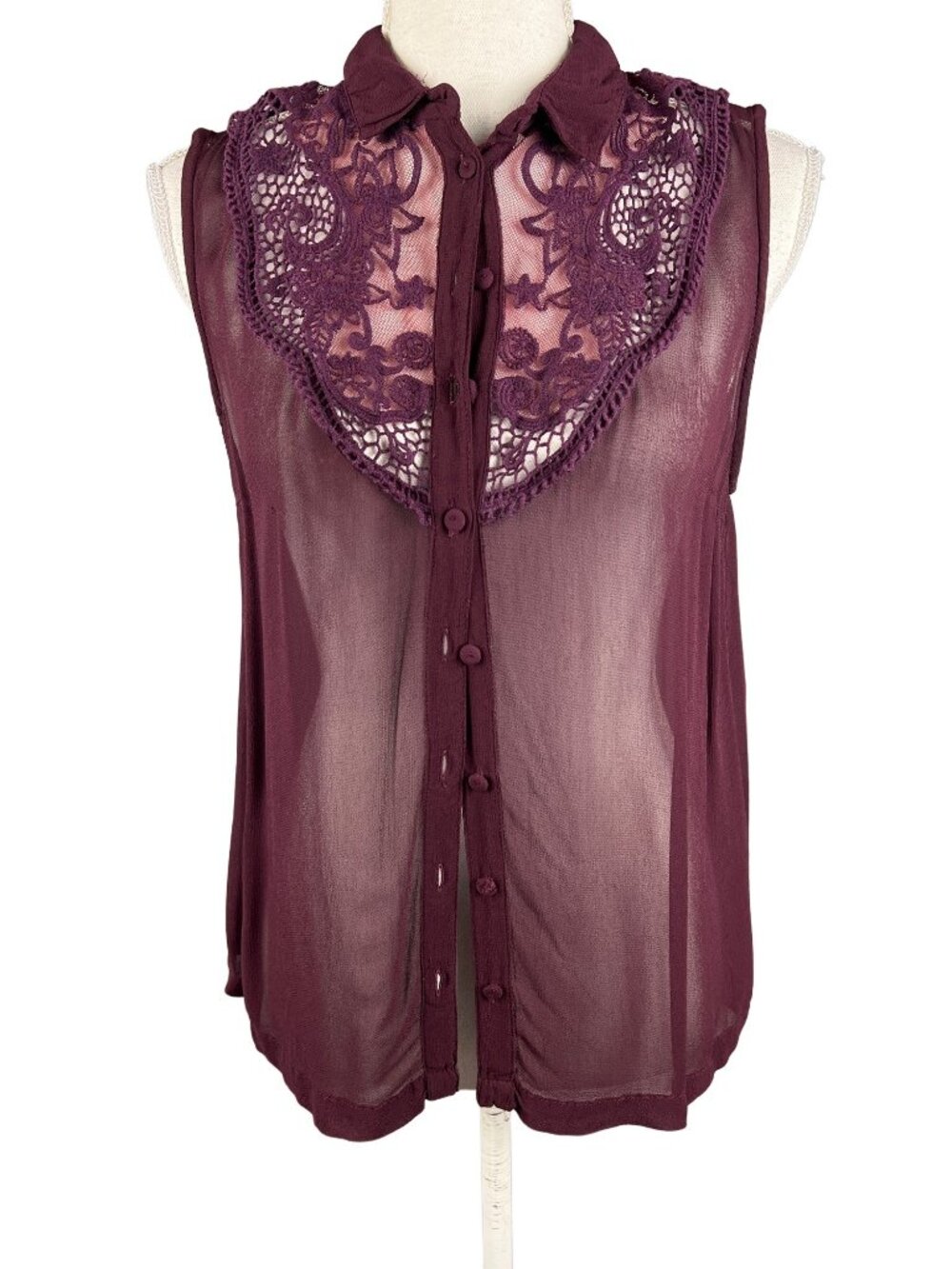 Sheer Sleeveless Burgundy Button-Down Blouse With Lace Yoke By Topshop US 6